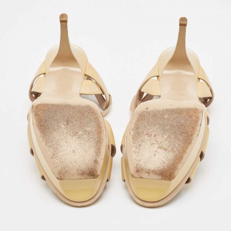 Pre Owned Saint Laurent Paris Beige Patent Leather Tribute Platform Ankle Strap Sandals Size 41
