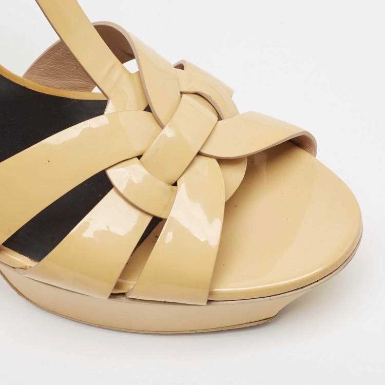 Pre Owned Saint Laurent Paris Beige Patent Leather Tribute Platform Ankle Strap Sandals Size 41