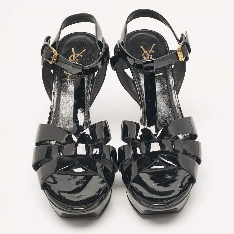 Pre Owned Saint Laurent Black Patent Leather Tribute Ankle Strap Sandals Size 38