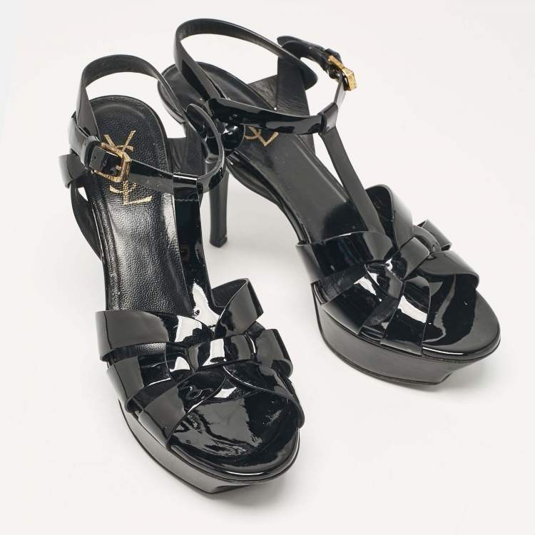 Pre Owned Saint Laurent Black Patent Leather Tribute Ankle Strap Sandals Size 38