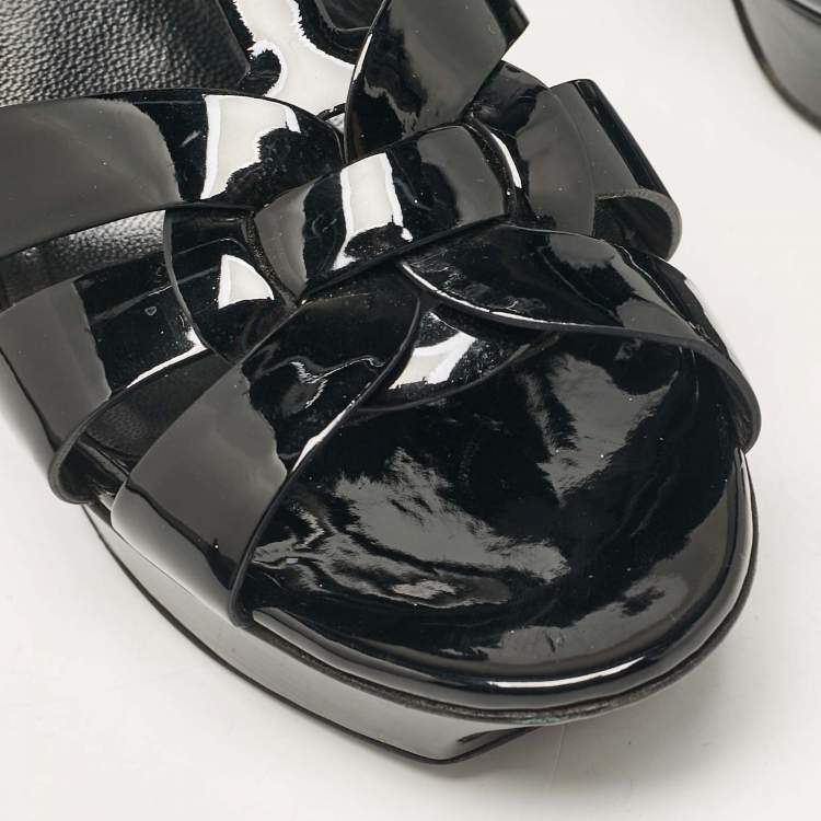 Pre Owned Saint Laurent Black Patent Leather Tribute Ankle Strap Sandals Size 38