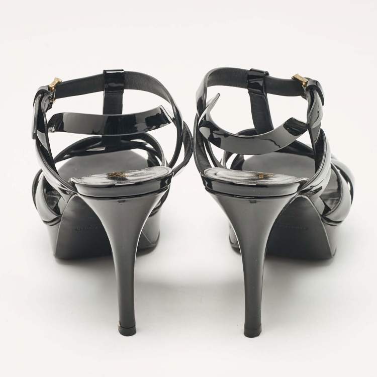 Pre Owned Saint Laurent Black Patent Leather Tribute Ankle Strap Sandals Size 38