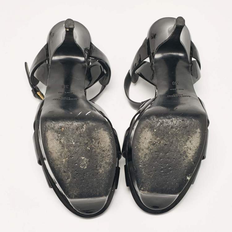 Pre Owned Saint Laurent Black Patent Leather Tribute Ankle Strap Sandals Size 38