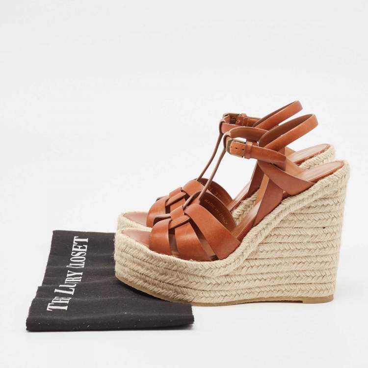 Pre Owned Saint Laurent Tan Leather Tribute Wedge Espadrille Sandals Size 37