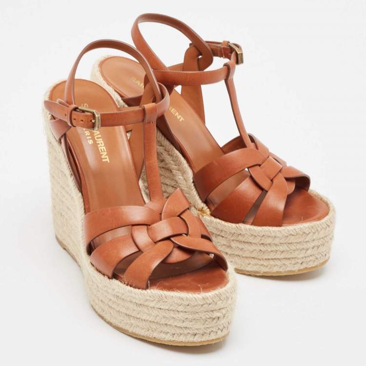 Pre Owned Saint Laurent Tan Leather Tribute Wedge Espadrille Sandals Size 37
