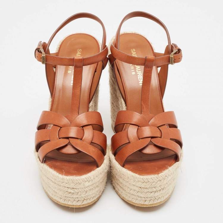 Pre Owned Saint Laurent Tan Leather Tribute Wedge Espadrille Sandals Size 37