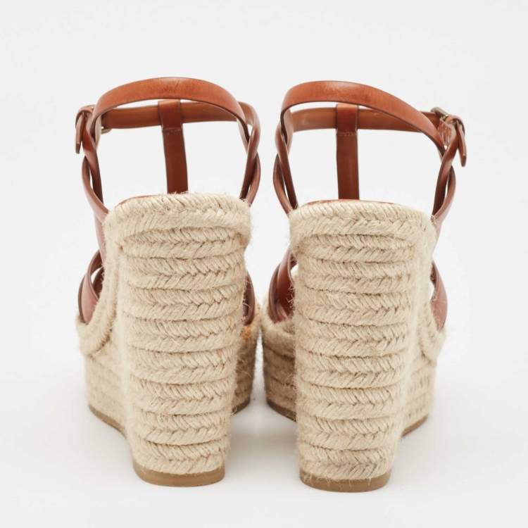 Pre Owned Saint Laurent Tan Leather Tribute Wedge Espadrille Sandals Size 37