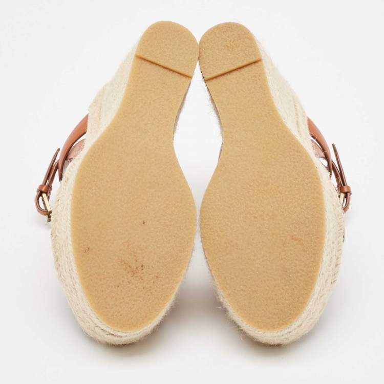 Pre Owned Saint Laurent Tan Leather Tribute Wedge Espadrille Sandals Size 37