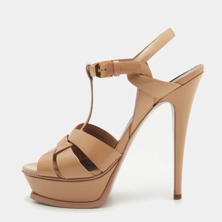 Pre Owned Saint Laurent Beige Patent Leather Tribute Sandals Size 38