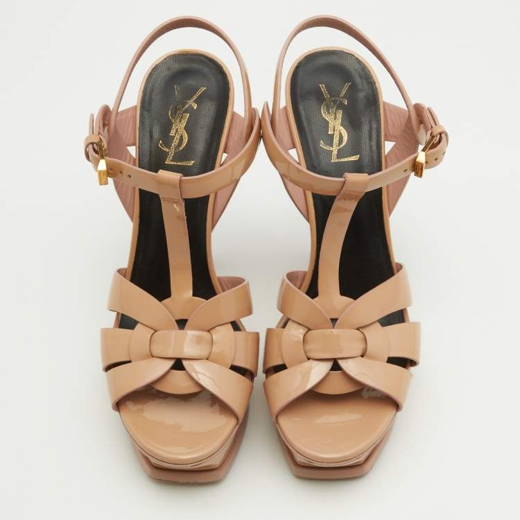 Pre Owned Saint Laurent Beige Patent Leather Tribute Sandals Size 38