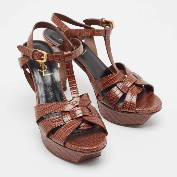 Pre Owned Saint Laurent Dark Brown Lizard Embossed Leather Tribute Platform Sandals Size 35.5