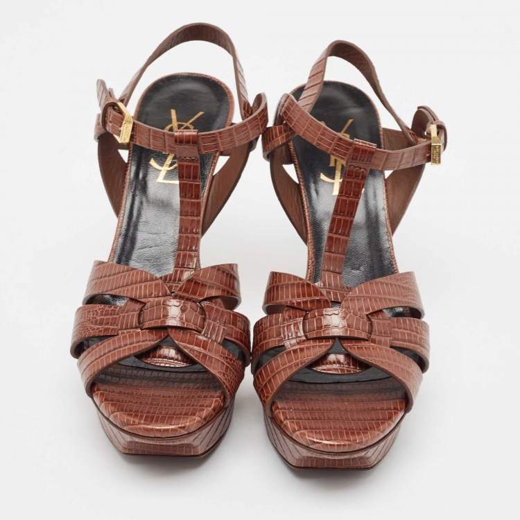 Pre Owned Saint Laurent Dark Brown Lizard Embossed Leather Tribute Platform Sandals Size 35.5