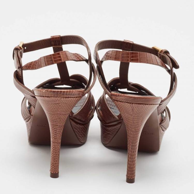 Pre Owned Saint Laurent Dark Brown Lizard Embossed Leather Tribute Platform Sandals Size 35.5