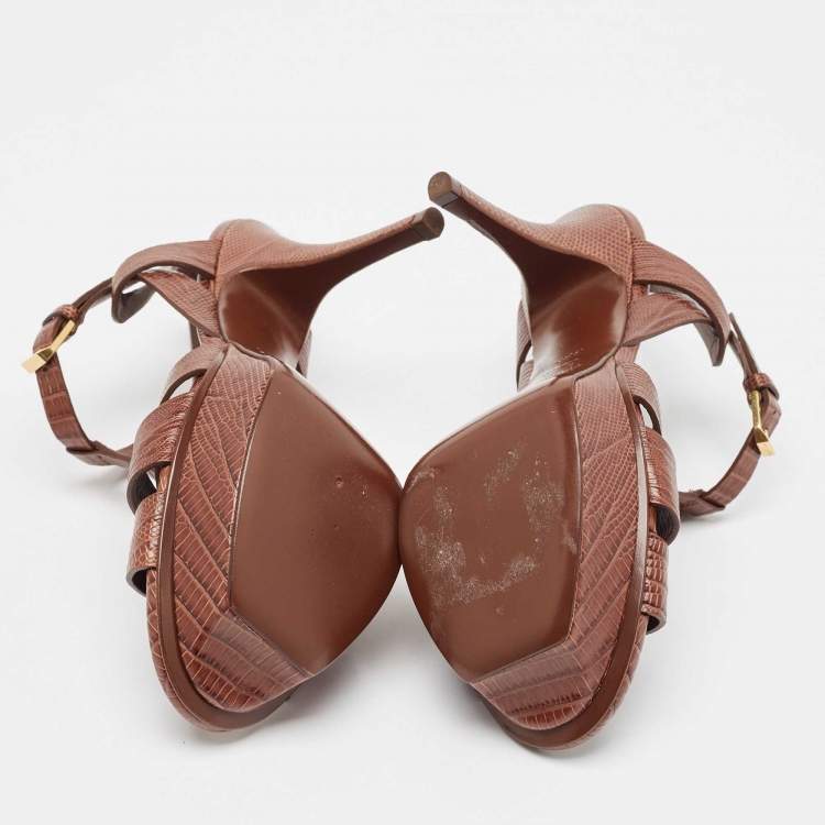 Pre Owned Saint Laurent Dark Brown Lizard Embossed Leather Tribute Platform Sandals Size 35.5