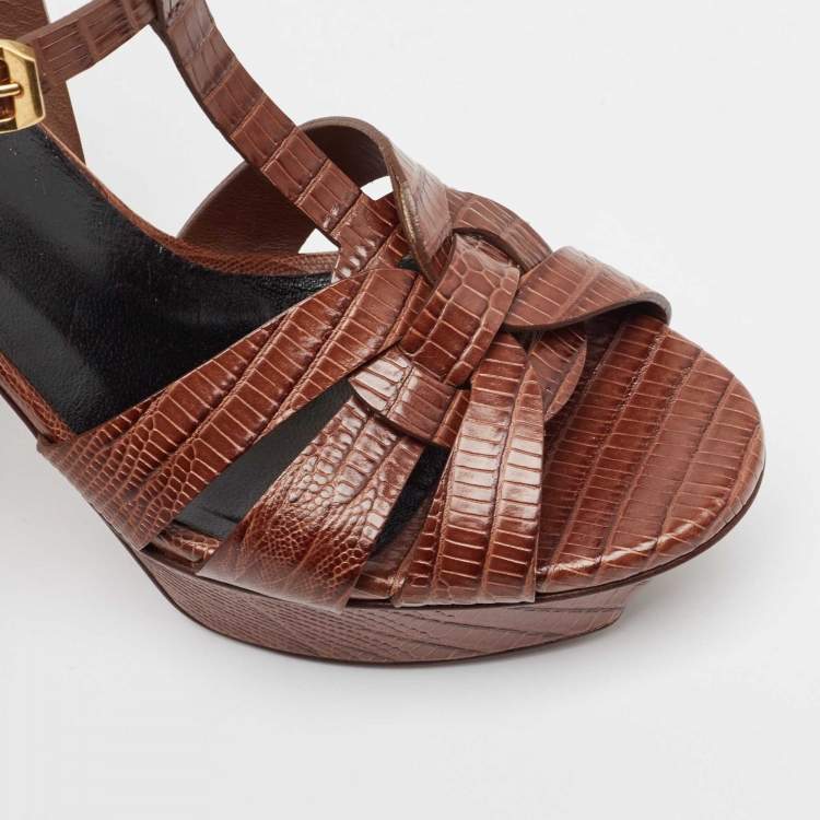 Pre Owned Saint Laurent Dark Brown Lizard Embossed Leather Tribute Platform Sandals Size 35.5