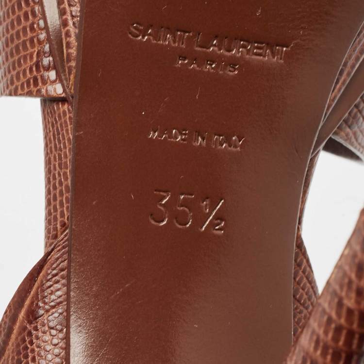 Pre Owned Saint Laurent Dark Brown Lizard Embossed Leather Tribute Platform Sandals Size 35.5