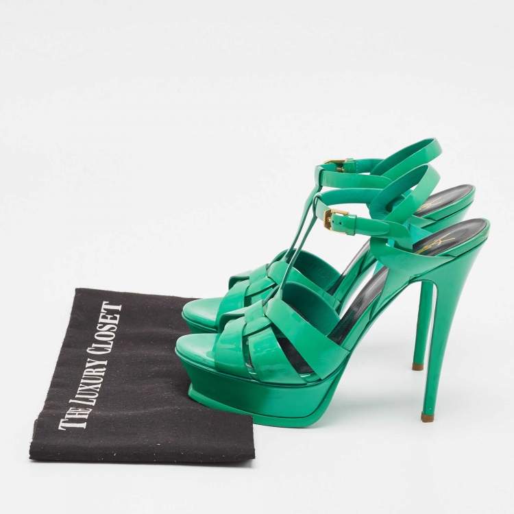 Pre Owned Saint Laurent Green Patent Tribute Platform Sandals Size 39