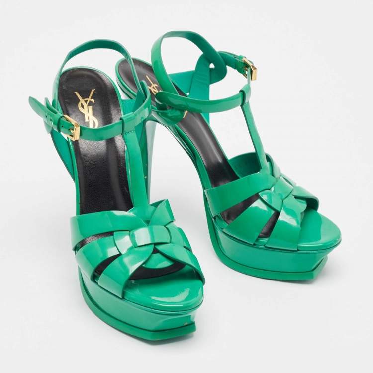 Pre Owned Saint Laurent Green Patent Tribute Platform Sandals Size 39