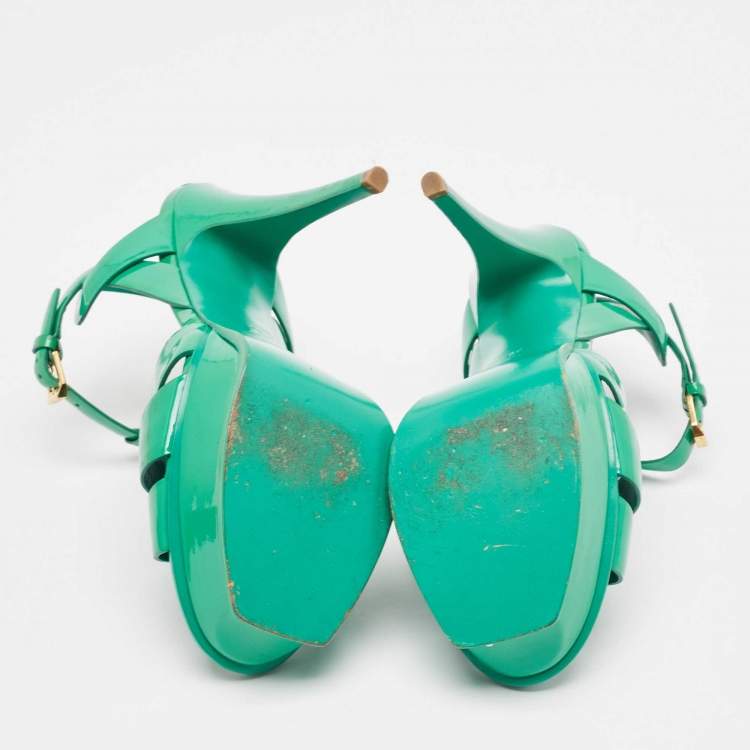 Pre Owned Saint Laurent Green Patent Tribute Platform Sandals Size 39