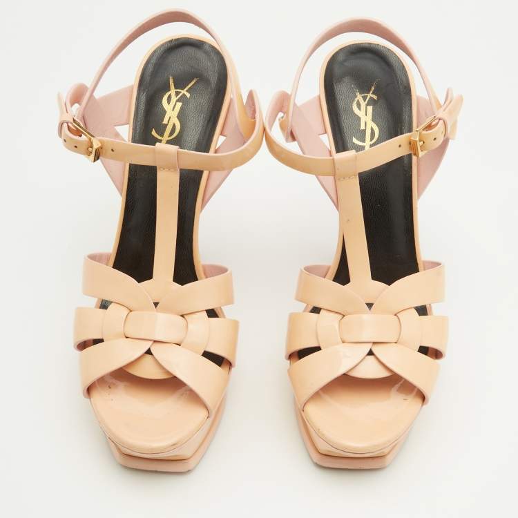 مملوكة مسبقًا Saint Laurent Cream Patent Leather Tribute Platform Sandals Size 39