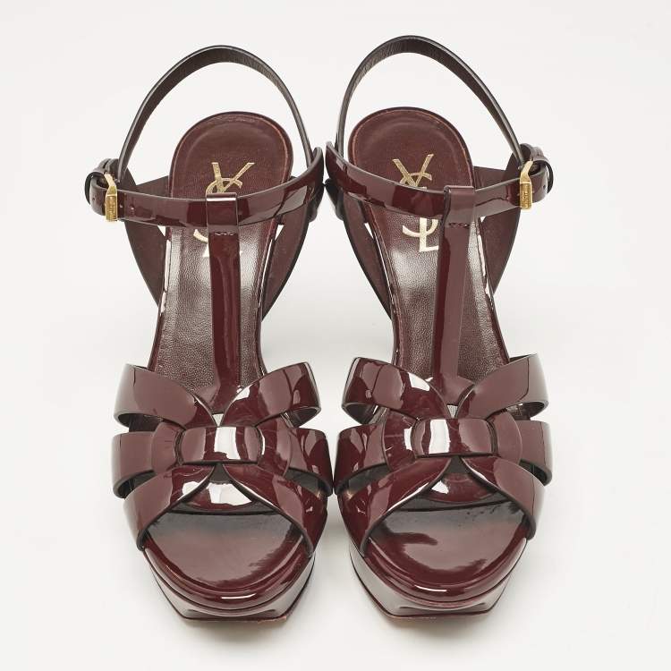 Pre Owned Saint Laurent Burgundy Patent Leather Tribute Sandals Size 37