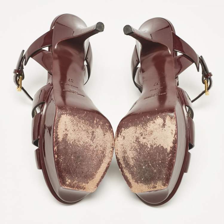 Pre Owned Saint Laurent Burgundy Patent Leather Tribute Sandals Size 37