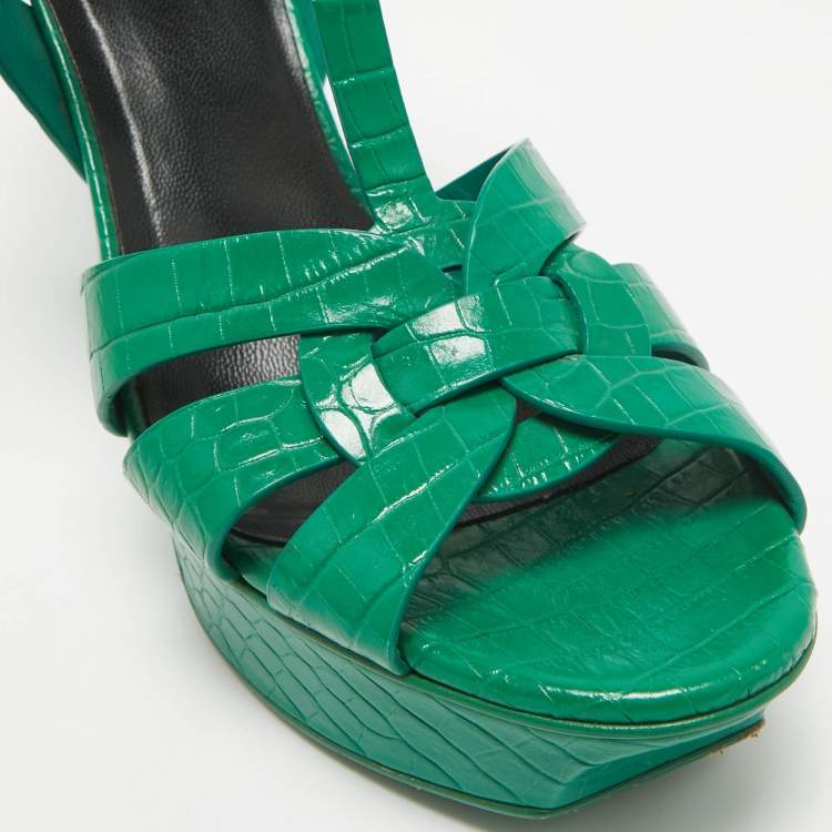 Pre Owned Saint Laurent Green Croc Embossed Leather Tribute Platform Sandals Size 37.5