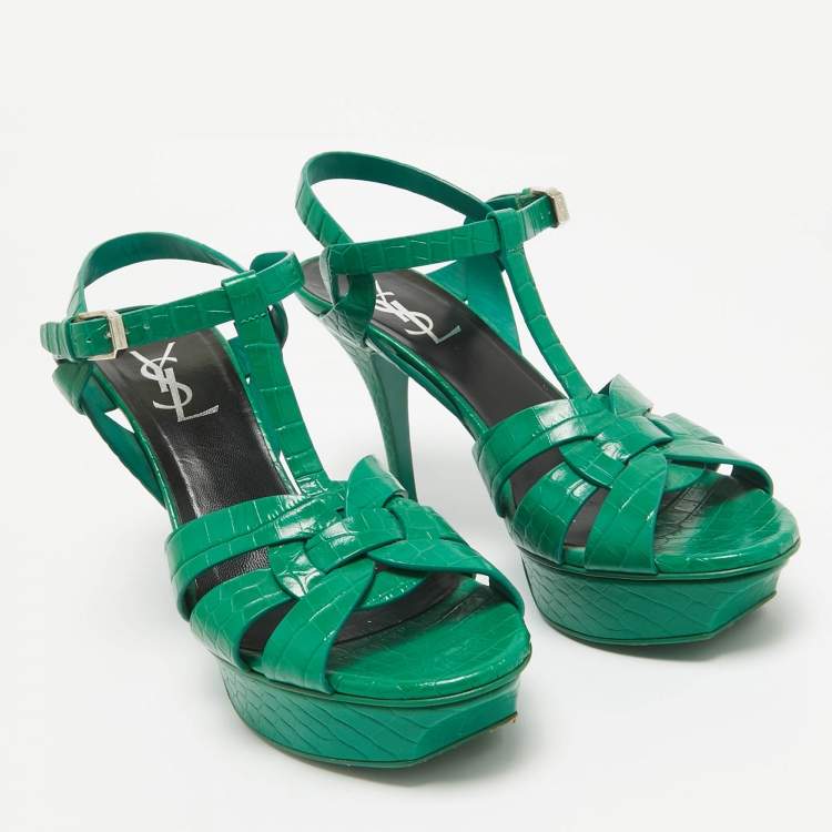 Pre Owned Saint Laurent Green Croc Embossed Leather Tribute Platform Sandals Size 37.5