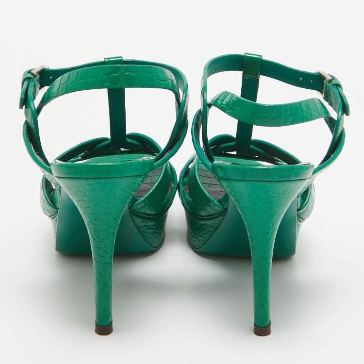 Pre Owned Saint Laurent Green Croc Embossed Leather Tribute Platform Sandals Size 37.5