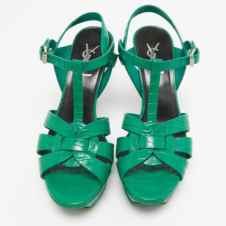 Pre Owned Saint Laurent Green Croc Embossed Leather Tribute Platform Sandals Size 37.5