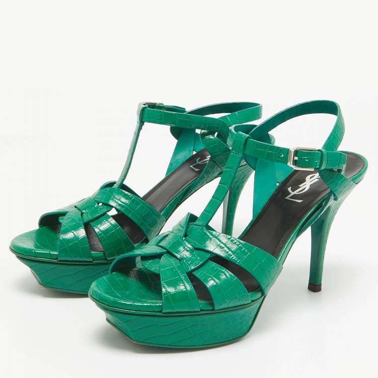 Pre Owned Saint Laurent Green Croc Embossed Leather Tribute Platform Sandals Size 37.5