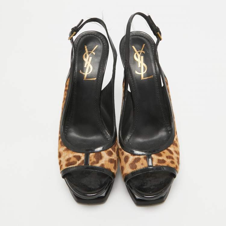 Pre Owned Saint Laurent Black/Brown Calf Hair and Patent Leather Peep Toe Pumps Size 37.5