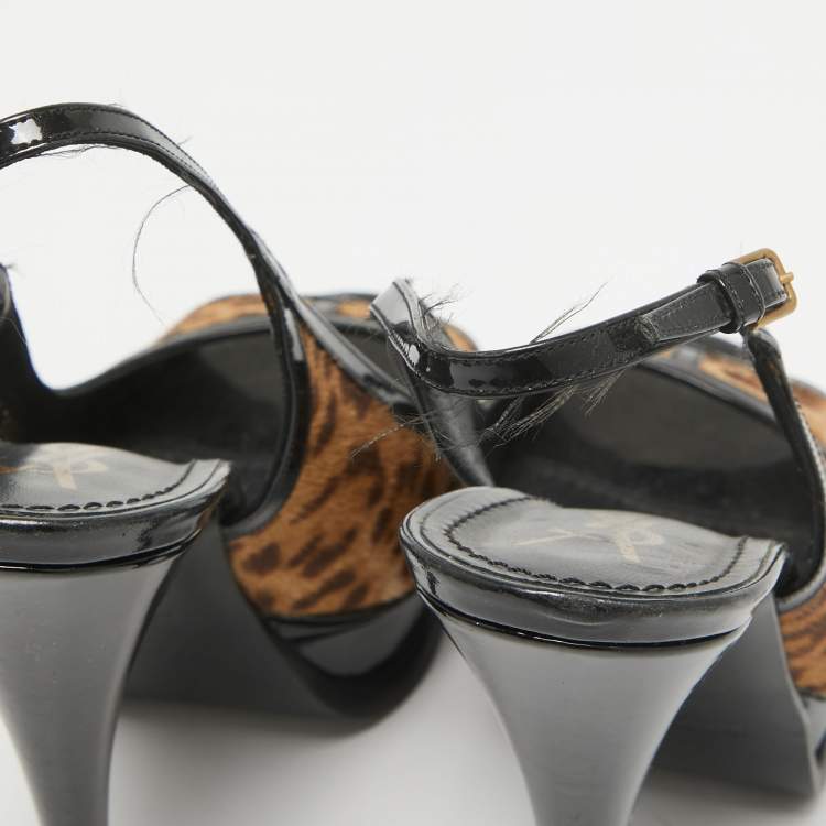 Pre Owned Saint Laurent Black/Brown Calf Hair and Patent Leather Peep Toe Pumps Size 37.5