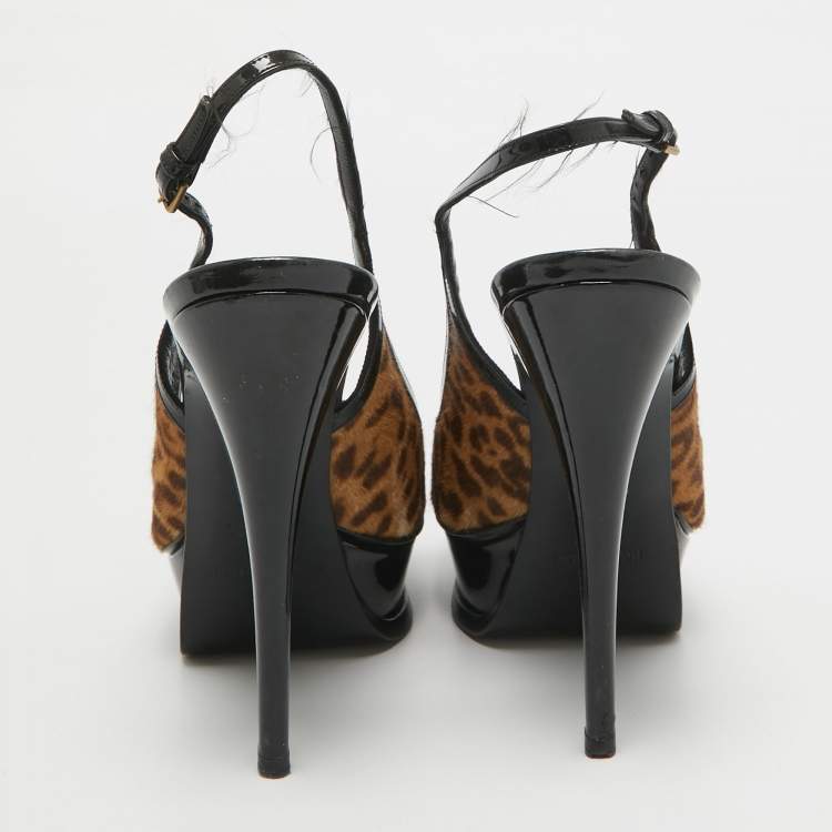 Pre Owned Saint Laurent Black/Brown Calf Hair and Patent Leather Peep Toe Pumps Size 37.5