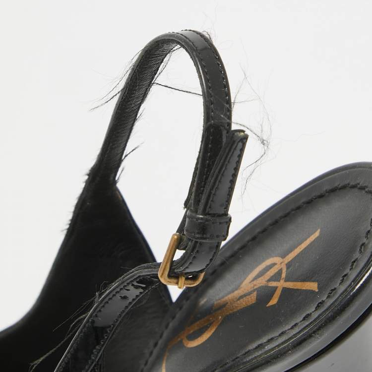 Pre Owned Saint Laurent Black/Brown Calf Hair and Patent Leather Peep Toe Pumps Size 37.5