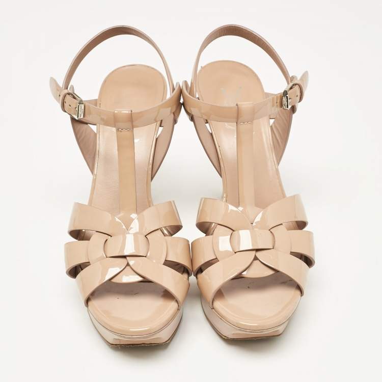 Pre Owned Saint Laurent Beige Patent Leather Tribute Platform Sandals Size 37