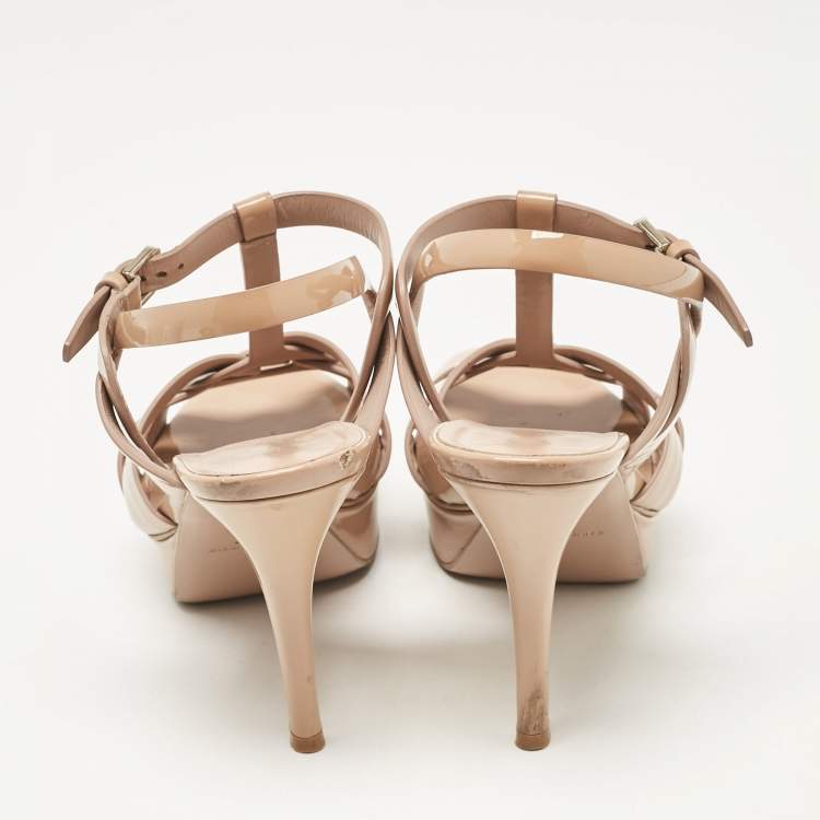 Pre Owned Saint Laurent Beige Patent Leather Tribute Platform Sandals Size 37