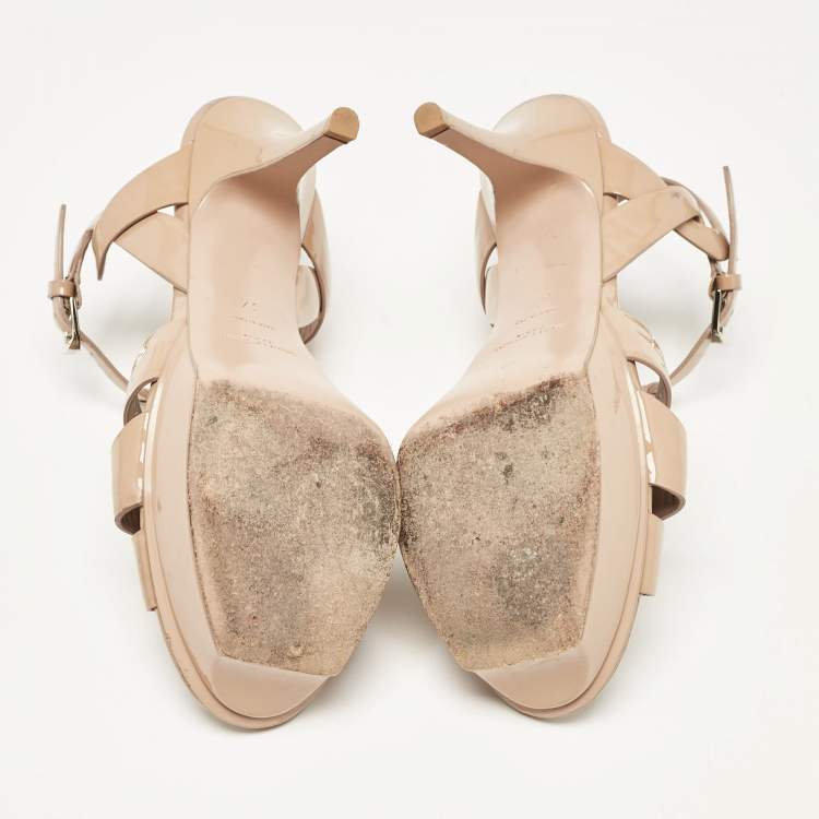 Pre Owned Saint Laurent Beige Patent Leather Tribute Platform Sandals Size 37