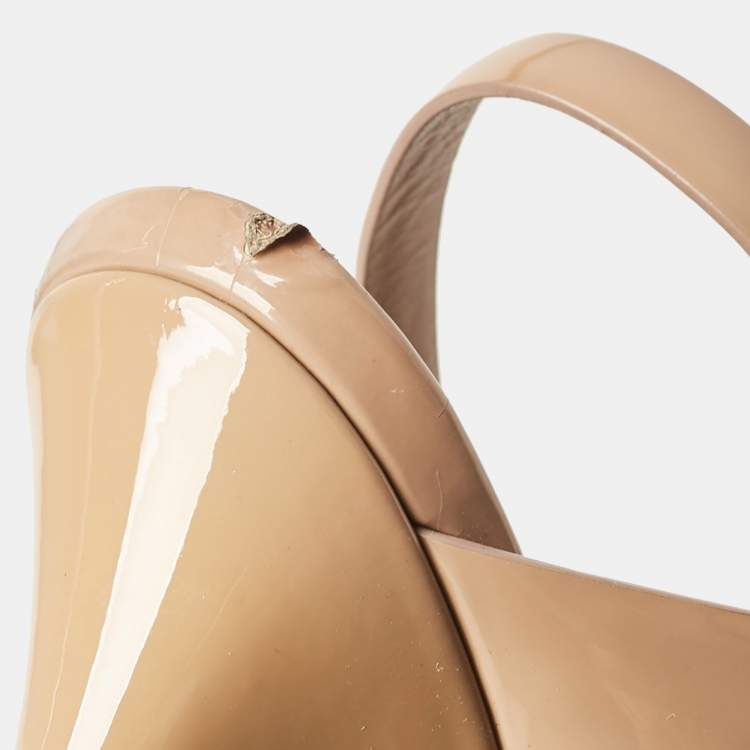 Pre Owned Saint Laurent Beige Patent Leather Tribute Platform Sandals Size 37
