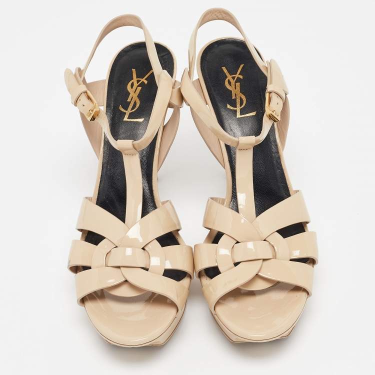 Pre Owned Saint Laurent Cream Patent Leather Tribute Platform Sandals Size 40.5