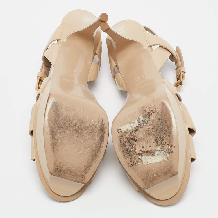 Pre Owned Saint Laurent Cream Patent Leather Tribute Platform Sandals Size 40.5