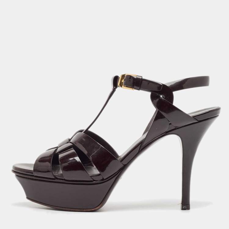 Pre Owned Saint Laurent Dark Brown Patent Leather Tribute Platform Sandals Size 35