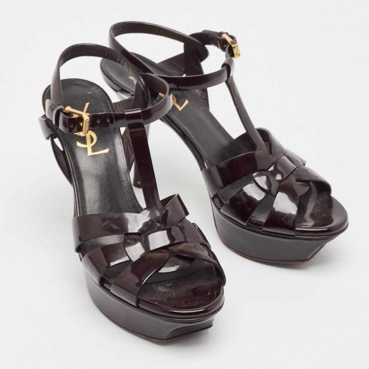 Pre Owned Saint Laurent Dark Brown Patent Leather Tribute Platform Sandals Size 35