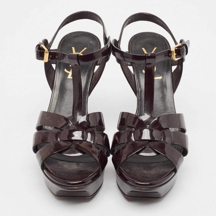 Pre Owned Saint Laurent Dark Brown Patent Leather Tribute Platform Sandals Size 35