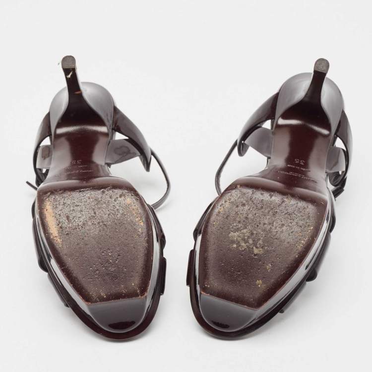 Pre Owned Saint Laurent Dark Brown Patent Leather Tribute Platform Sandals Size 35