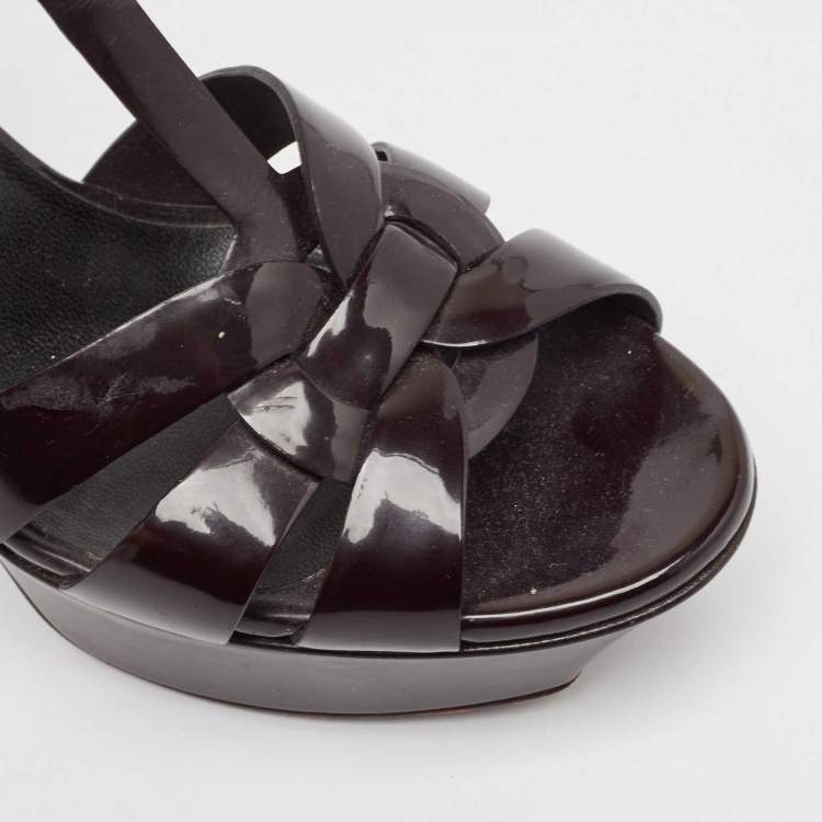 Pre Owned Saint Laurent Dark Brown Patent Leather Tribute Platform Sandals Size 35