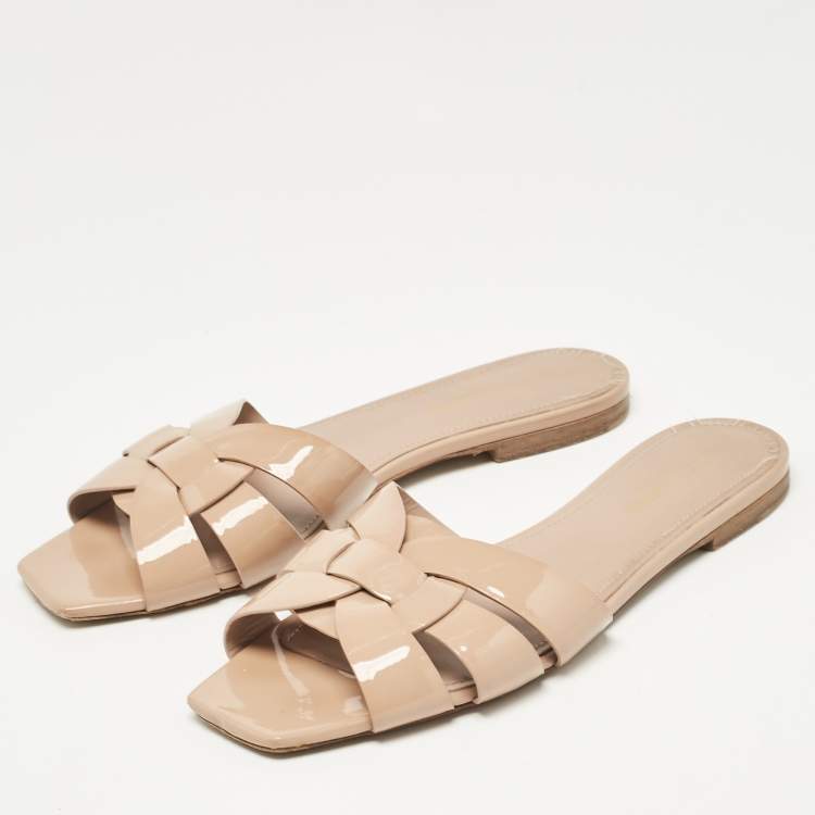 Pre Owned Saint Laurent Beige Patent Leather Tribute Flat Slides Size 38.5