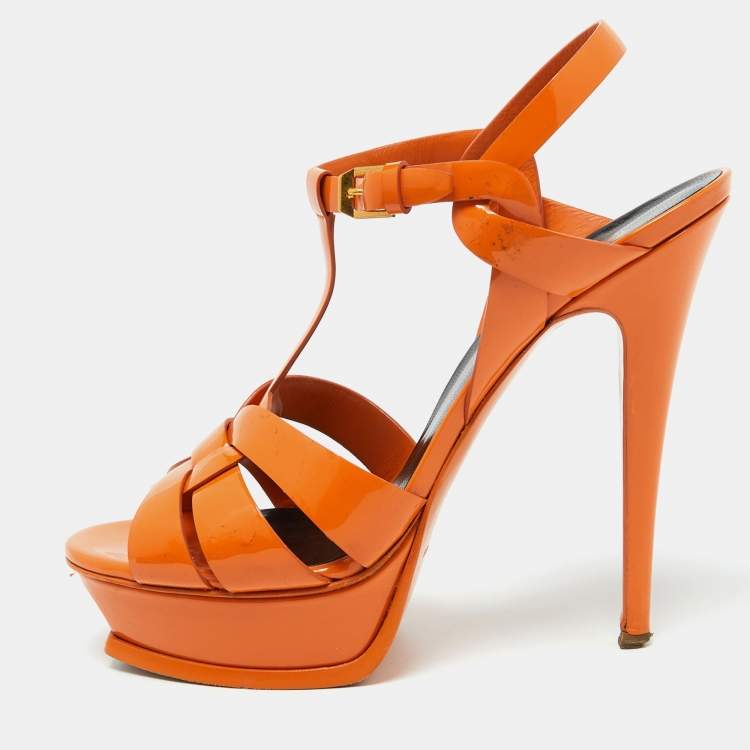 Pre Owned Saint Laurent Orange Patent Leather Tribute Platform Sandals Size 40