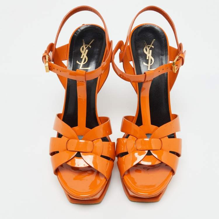 Pre Owned Saint Laurent Orange Patent Leather Tribute Platform Sandals Size 40