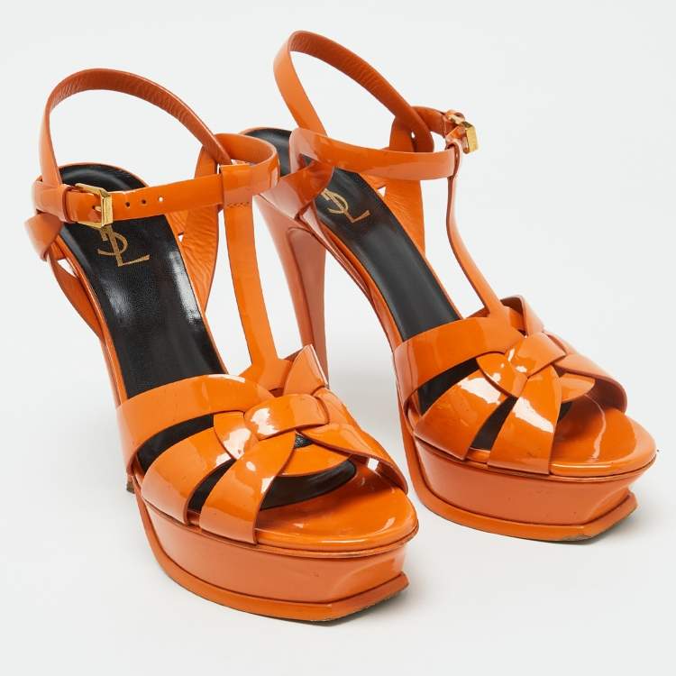 Pre Owned Saint Laurent Orange Patent Leather Tribute Platform Sandals Size 40